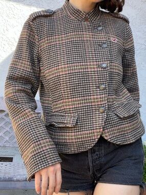 Hollister Women's Plaid Cropped Button Jacket - Brown & Pink Vintage Wool